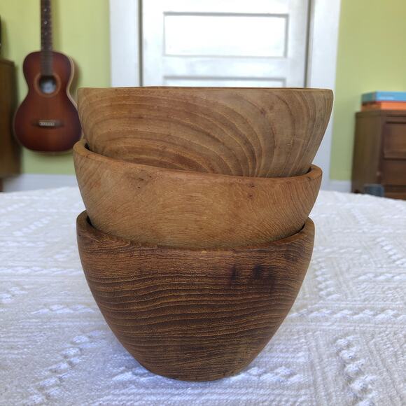 Vintage Teak Wood Hand Carved Bowls Set Of 3 MCM 60s 70s Minimalist Rustic - Picture 1 of 8